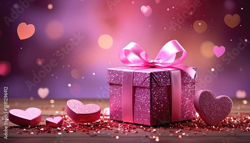 Pink gift box with floating hearts