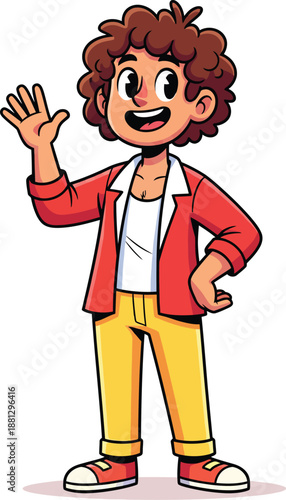 Cheerful cartoon boy with curly brown hair in a red jacket waving his hand with a friendly smile.