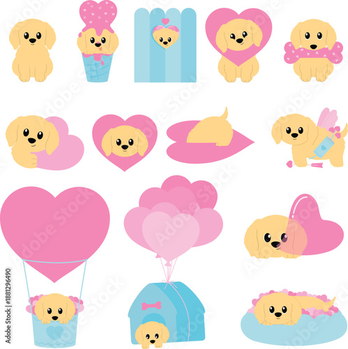 Cute Golden Retriever Puppies Valentine's Day Elements Collection