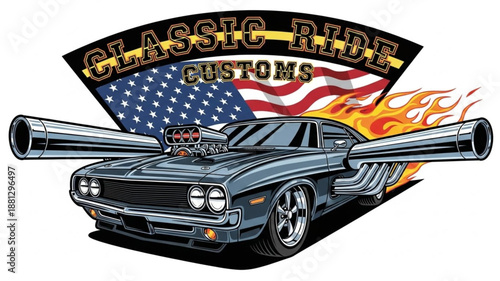 Classic Muscle Car with Flames and American Flag.