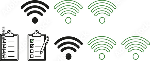 WiFi signal and checklist icon set, wireless network connection symbols with task list flat vector collection