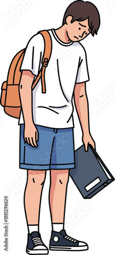 Dejected male student with brown hair wearing a backpack and holding a book slumping sadly.