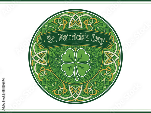 St. Patrick's Day Celebration with Shamrock and Celtic Knotwork Design Elements in a Circular Pattern