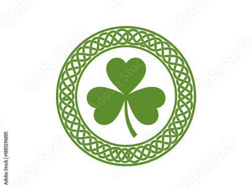 Celtic knotwork frame with shamrock symbol inside, traditional Irish design element, green on circular background, vector illustration