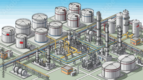 Industrial Chemical Plant with Storage Tanks and Pipelines.