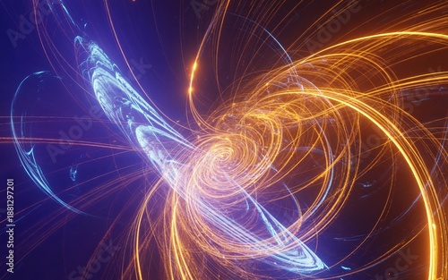 Swirling lines of orange and blue light create a complex, abstract fractal pattern. The glowing strands twist and turn against a dark background, resembling energy fields or cosmic phenomena. 
