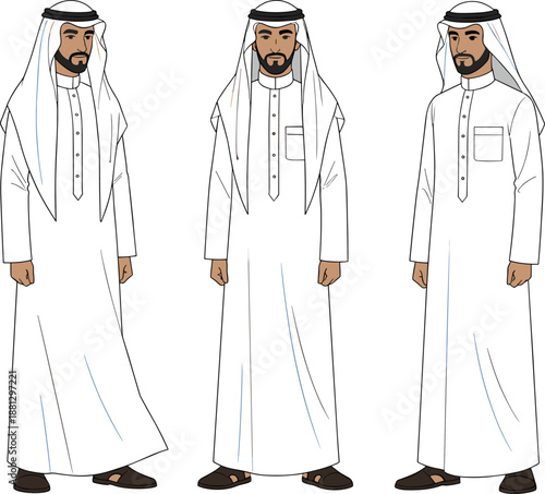 Arab men character illustration set wearing traditional thobe and keffiyeh, flat cartoon people collection isolated on white background