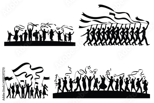 Silhouettes of People Marching with Flags and Banners