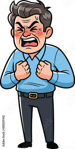 Furious cartoon businessman with a red angry face shouting and clenching his fists.