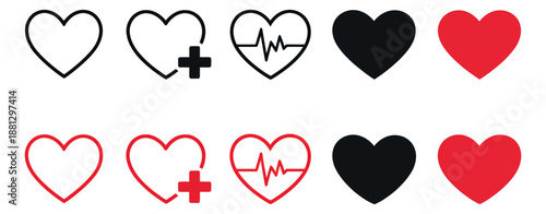 Modern graphic heart icon set featuring outlined and solid shapes, a plus sign, and a heartbeat line in black and red for health, love, and user interface designs