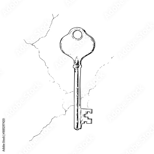 An antique key against a cracked wall creates a vintage and mysterious illustration with a unique style of drawing