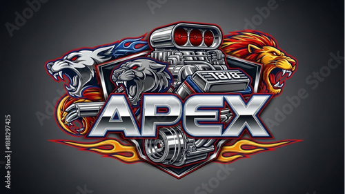 Powerful Engine with Lion and Tiger Heads Emblem.