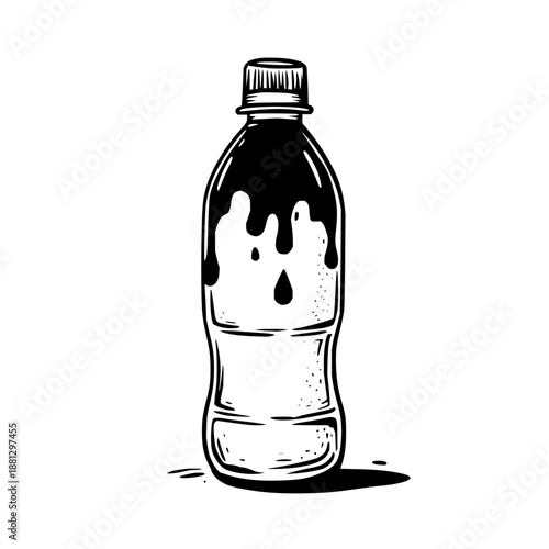 Illustration of a plastic bottle with dark liquid dripping down the sides in a sketch style of drawing 100