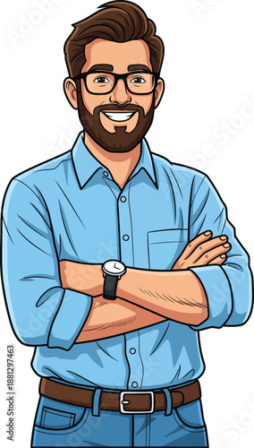 Friendly cartoon man with beard and glasses smiling with arms crossed.