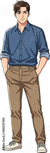 Handsome young man in a blue buttondown shirt and brown pants standing with hands in pockets anime style illustration.