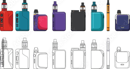 Visual Comparison of Colored and Line Art Vape Devices Featuring Box Mods, Pod Systems, and Pen-Style Designs for Vaping Culture