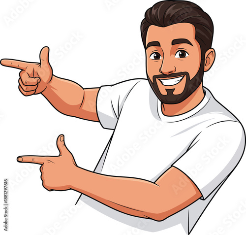 Happy bearded man in a white tshirt smiling and pointing with both hands to the side.