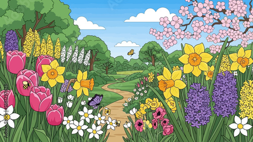 Vibrant Spring Garden Path with Blooming Flowers and Green Trees.