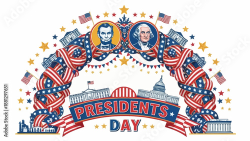 Presidents Day Archway with US Flags, Stars, and Famous Buildings