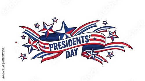 Presidents' Day banner with stars and ribbons in patriotic colors