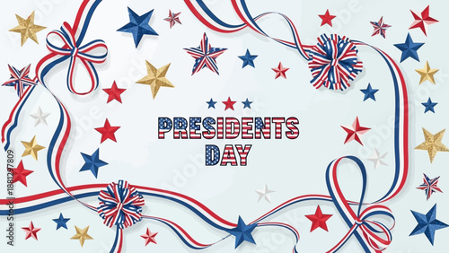 Presidents Day Celebration: Stars, Ribbons, and Patriotic Decorations on White Background