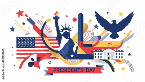 Presidents Day Celebration USA: Statue of Liberty, White House, Eagle, Flag, Fireworks