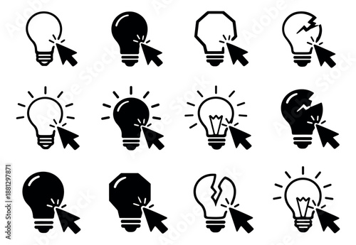 Black and white icon lightbulb set featuring various states clicked by a mouse cursor for creativity and interaction concepts