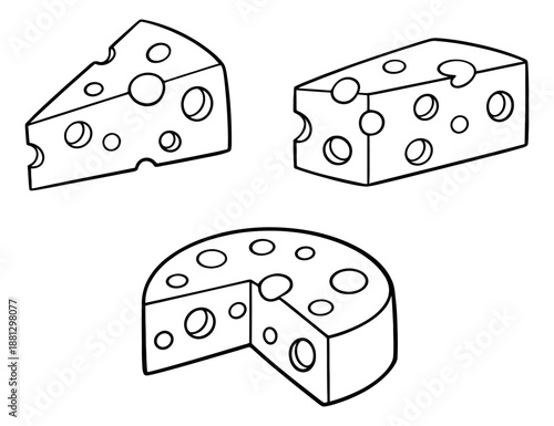 Hand drawn line art cheese set featuring a wedge, block, and wheel slice for food-related designs