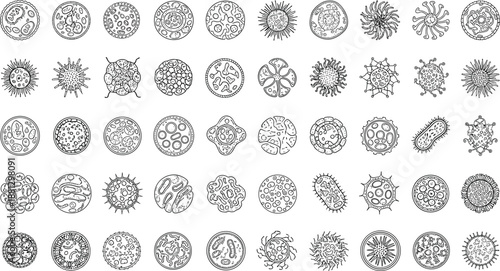 Microscopic cell bacteria icons, biological microorganism research symbols, virus germ and disease organisms, scientific laboratory medicine anatomy, biology health vector.