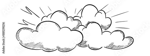 Group of fluffy cartoon clouds in bright sky with sun rays and wind lines