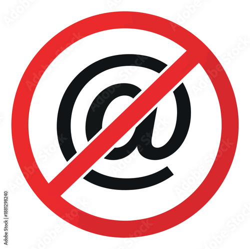 Flat graphic illustration of an at symbol depicting no email for internet communication
