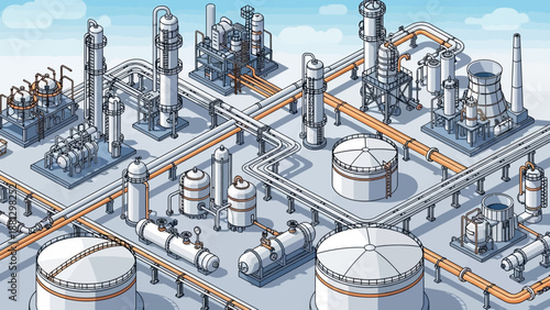 Industrial Oil Refinery Complex with Towers and Pipelines.