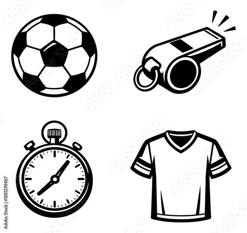 Bold line art soccer elements set featuring a soccer ball, a whistle, a stopwatch, and a jersey for sports design