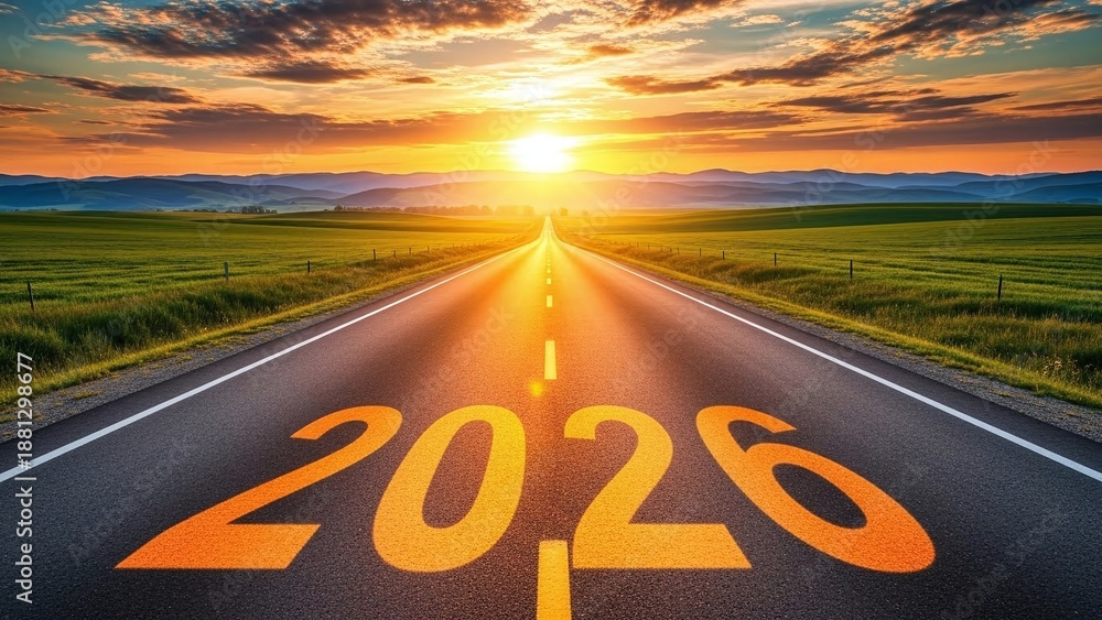 Obraz premium New year 2026 road ahead with beautiful sunset