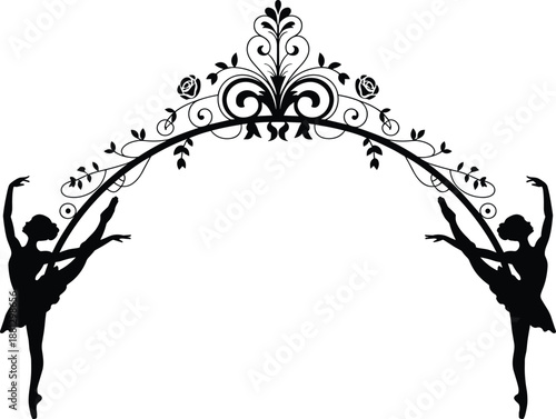 Elegant ballet dancer silhouettes with floral decorative arch isolated on white background classical dance illustration design