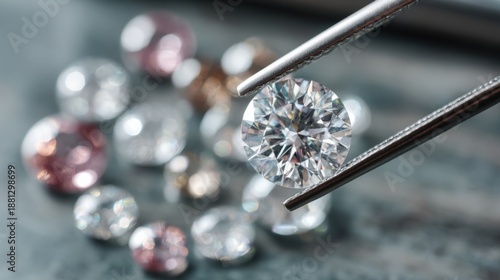 Close-Up View of Glittering Diamonds Held with Tweezers in Studio