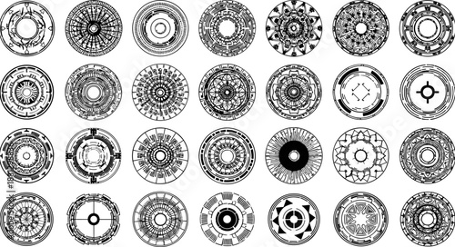 Radial mandala icon set with 25 black circular geometric patterns for abstract, decorative, and symmetrical design content