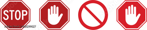 Red stop sign collection, octagonal warning symbols with hand gestures, prohibited entry icons, danger alert signals, restrictive traffic notice vector illustrations.