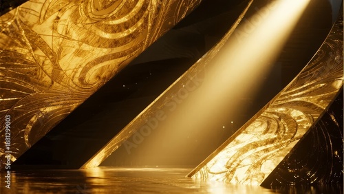 Abstract golden metallic structure with swirling patterns and dramatic lighting