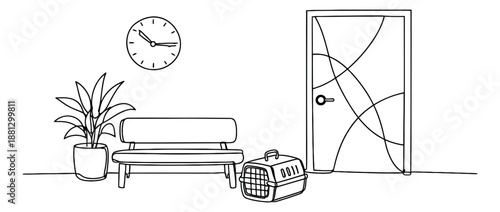 Hand drawn line art illustration of an empty veterinary clinic waiting room depicting a bench, plant, and pet carrier for pet healthcare