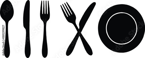 Set of black cutlery icons, spoon knife and fork symbols, restaurant dining plate, and food service vector design elements.