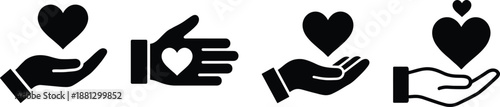 Set of black hand heart icons, charity and love symbols, care and donation concept, isolated vector design elements.