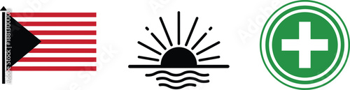 Set of flag and sunset symbols, medical cross icon, national identity and healthcare elements, flat vector illustration graphics for design.