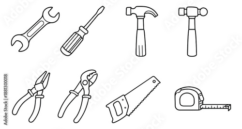 Hand drawn line art hand tools set featuring a wrench, screwdriver, hammers, pliers, saw, and tape measure for home repair and construction