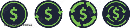 Set of dollar coin icons with refresh arrows, money exchange symbols, currency circulation and financial transaction vector graphics for business.