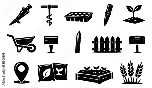 Black silhouette gardening and farming icons set featuring tools, plants, and equipment for agriculture