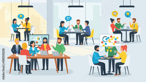 Office Workers Collaborating at Desks in Meeting.