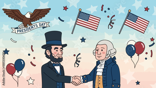 Presidents Day celebration with Abraham Lincoln and George Washington shaking hands, USA flags, eagle, balloons, confetti