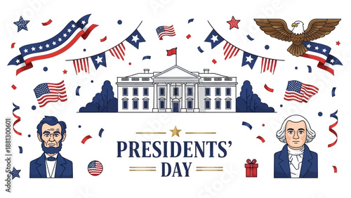 Presidents' Day Celebration: White House, US Flags, Lincoln, Washington, Eagle and Confetti