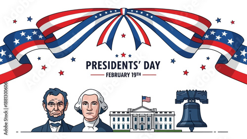 Presidents' Day Celebration: Washington, Lincoln, White House, Liberty Bell, American Flag Banner